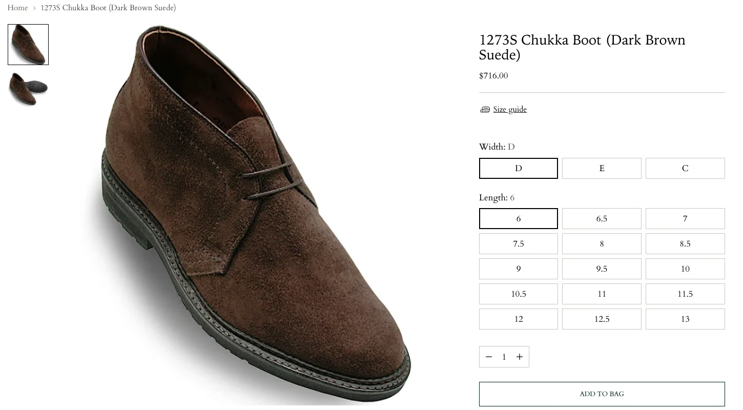 ALDEN 1273S 스웨이드 부츠. 알든 공홈이 재고가 가장 많다.